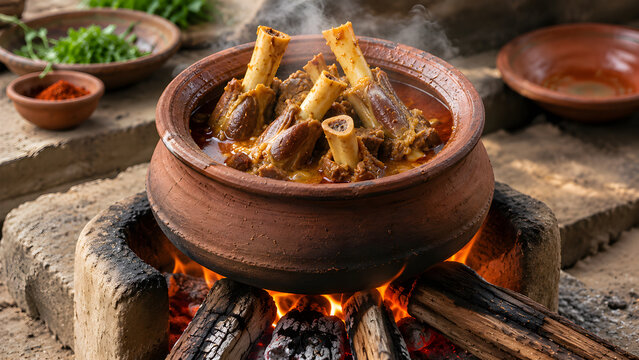 Traditional Indian Mutton Curry Cooked in an Earthen Clay Pot Over a Wood Fire