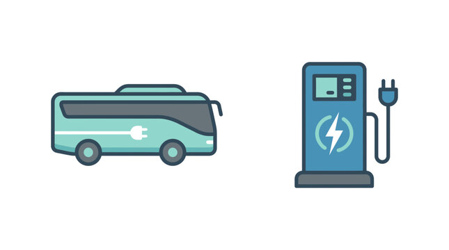 Electric bus and charging station icons representing sustainable public transport.