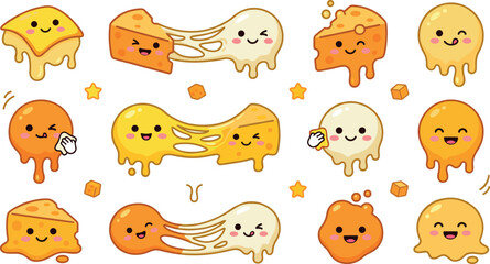 Fototapeta premium Kawaii cheese vector collection featuring cute cartoon mozzarella blocks and melted cheddar characters with stretchy strings and smiling faces on white background