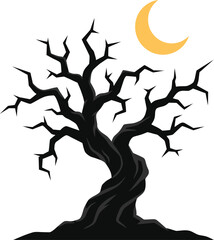Obraz premium Spooky Halloween dead tree silhouette with crescent night moon vector