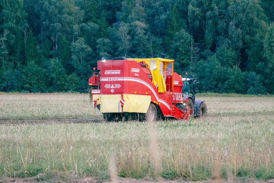 Ungurpils, LATVIA &ndash; AUGUST 28, 2026: Grimme SE 150-60 potato harvester working in an agricultural field during the evening harvest season in rural Latvia.