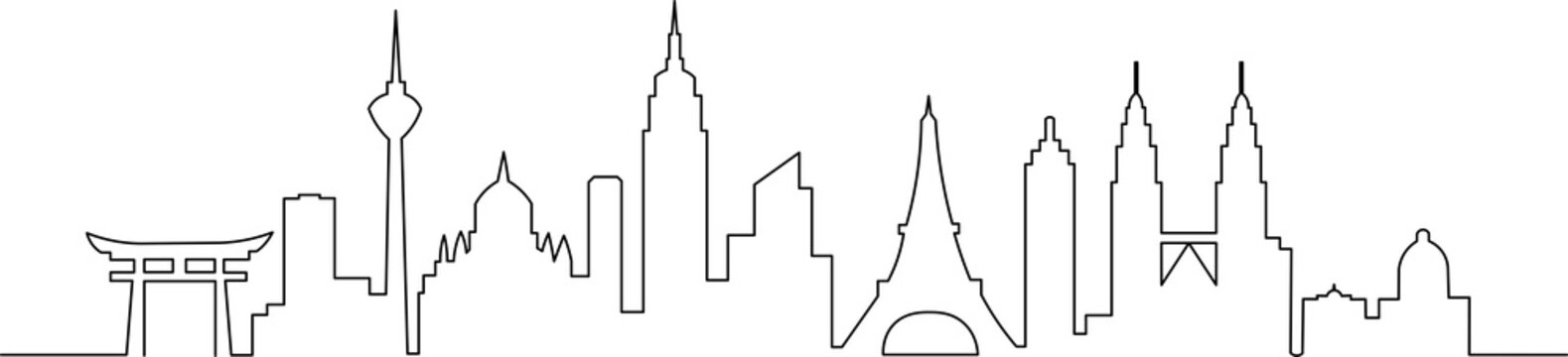 Continuous single line art panorama featuring mixed iconic world landmarks in a global city skyline vector.