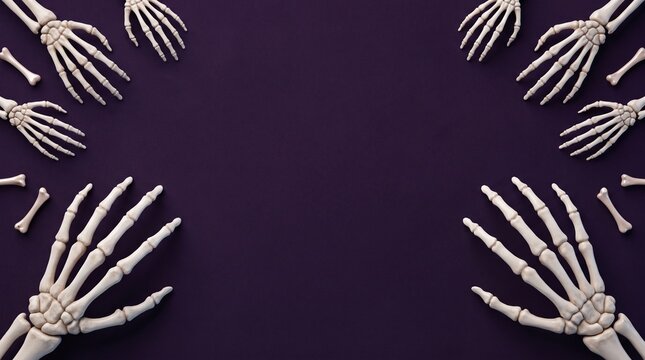 Spooky Halloween flat lay photo background composition with skeleton hands and bones framing a dark purple surface
