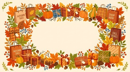 Fototapeta premium Autumn harvest festival frame with shopping bags, gift boxes, and pumpkins