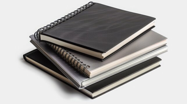 Stack of black and grey spiral notebooks isolated on a white background