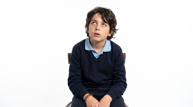 Young boy with dark curly hair rolls his eyes upwards in a gesture of boredom, white background