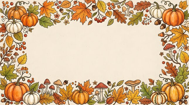 Autumn harvest border frame with pumpkins, colorful fall leaves, mushrooms, and acorns on a cream background