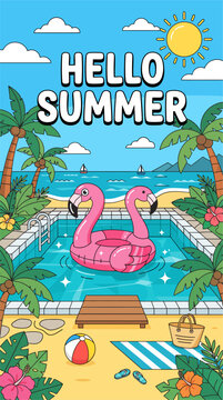 Hello Summer Vacation Illustration Featuring a Flamingo Pool Float at a Tropical Beach Resort