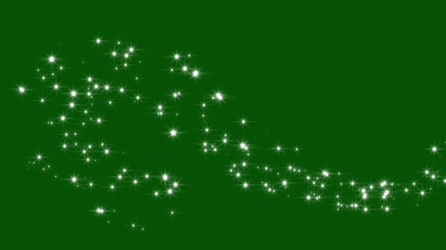 Sparkling stars light animation and particles on green background, white twinkling particles shimmer, magic glitter dust trail, star sparkle vector doodles, glowing light effect in seamless 4K video.