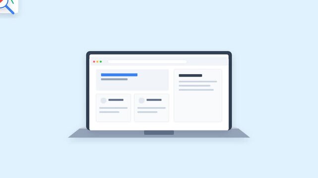 Flat illustration of a laptop displaying a website interface on a light blue background.