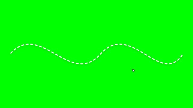 Animated white dashed wavy line with moving arrow on green screen background