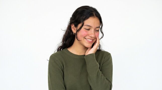 Young woman blushing and smiling shyly with hand on cheek, white background