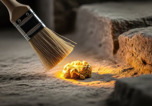 Close-up of a delicate tassel brush sweeping away dust from a shimmering gold artifact buried within ancient stone ruins at a dig site, digging, ruins, heritage