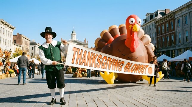 A man dressed as a pilgrim holding a thanksgiving blowout banner next to a large inflatable turkey in a town square