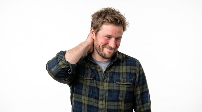 Man with flushed cheeks and hand on neck looking embarrassed, white background