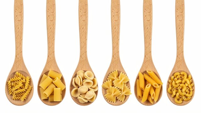Assorted dry pasta varieties in wooden spoons isolated on white background