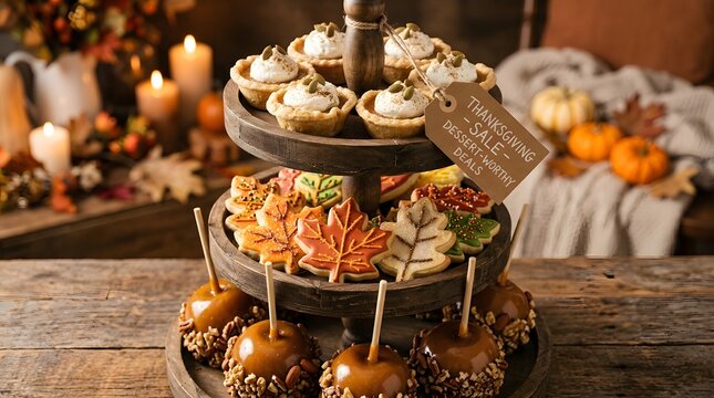 Thanksgiving dessert tiered tray with mini pies, leafshaped sugar cookies, and caramel apples on a rustic wooden table
