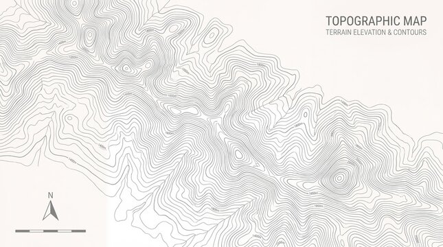 Topographic map with terrain elevation and contours, minimalist geographic line art background, abstract cartography design