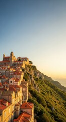 Obraz premium Majestic medieval town with stone masonry and orange roofs perched on a steep green hill under a clear sky during the soft golden hour, citadel, clouds, scenery