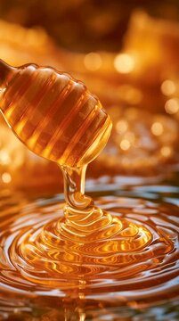 Honey slowly drizzles from a stick onto a shiny surface. The warm light highlights the sweet texture and viscosity of the honey.