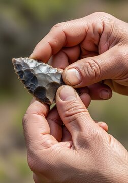 Macro shot of weathered prehistoric hominid hands inspecting the sharp edge of a flint stone tool from the early paleolithic age in nature, sharp, stone tool, tool