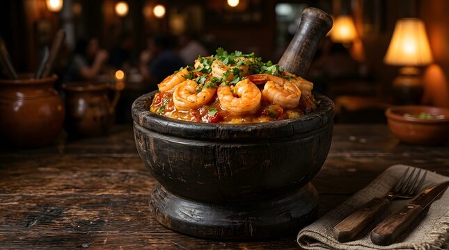 Traditional puerto rican mofongo with shrimp served in a wooden mortar on a rustic table,  perfect for National Mofongo Day