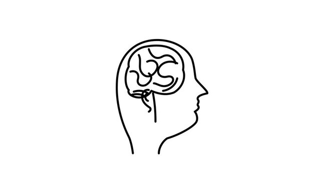 Minimalist brain line art animation, human head profile with neural pathways, mental health and psychology concept video