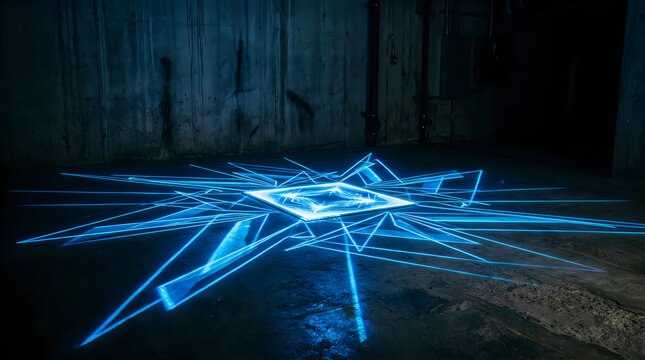 Abstract blue laser light lines on dark ground floor