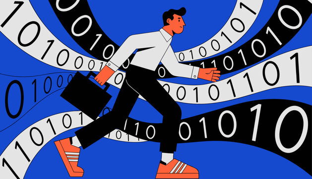 Businessman Data Stream businessman walking through flowing binary ribbons.