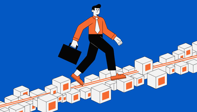 Businessman Digital Bridge businessman crossing a geometric bridge made of glowing data blocks.