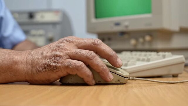 Close up of man clicking on old computer mouse in an office setting during a work task