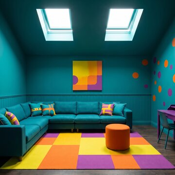 Vibrant teal living room featuring skylights and contemporary furniture design