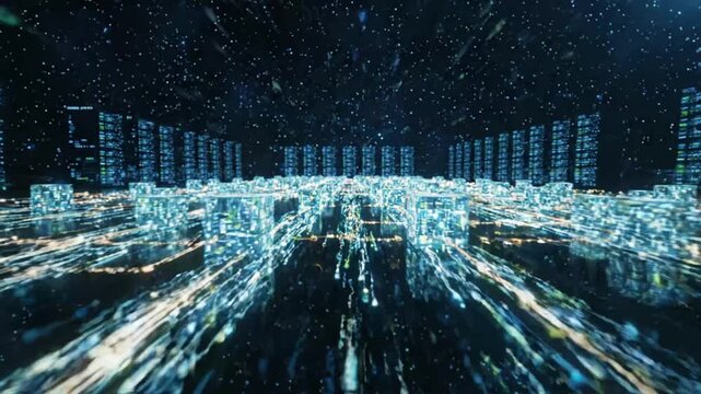Big data background concept shows technology interaction in a server environment for information processing and storage
