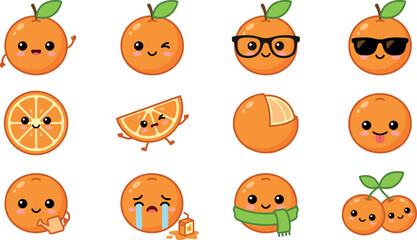 Obraz premium Kawaii orange fruit character vector set featuring cute cartoon citrus slices whole oranges with glasses sunglasses juice box and happy emotional expressions
