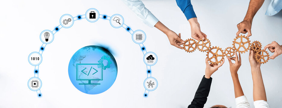 Hands join together to connect gears, symbolizing collaboration and innovation in technology. The digital world backdrop enhances the theme of teamwork and creativity. Trope