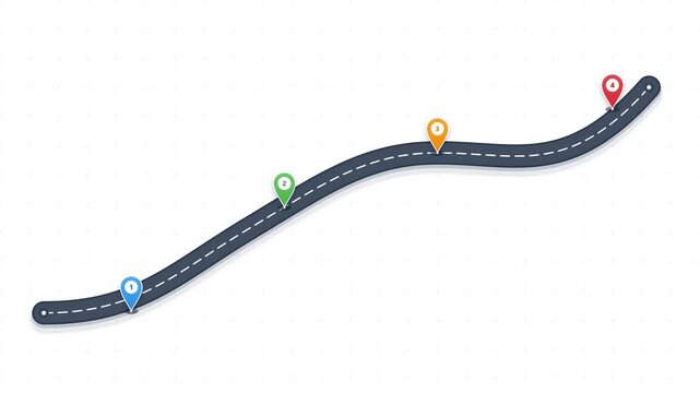 Winding road roadmap with colorful map pins, curved highway path infographic, business journey timeline on white background