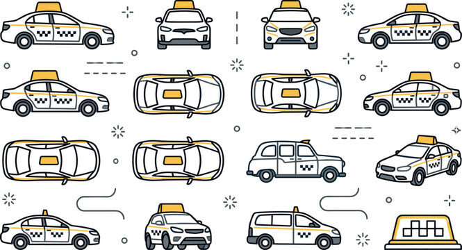City taxi car vector illustration collection featuring public transit sedan automobiles, top down bird eye view vehicles, and yellow roof sign icons in line art style.