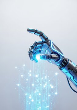 A high-tech bionic arm featuring sleek metallic plates interacts with a digital holographic network on a clean white background studio, hand, cybernetic, industrial