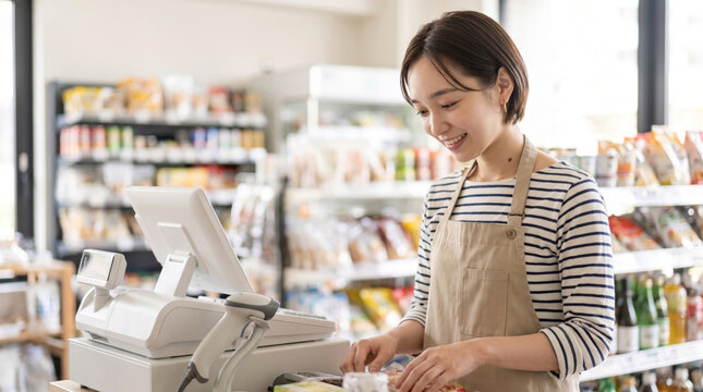 店舗のレジで笑顔で接客する若い女性店員