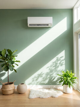 Modern interior with mini split air conditioner and indoor plants in bright room