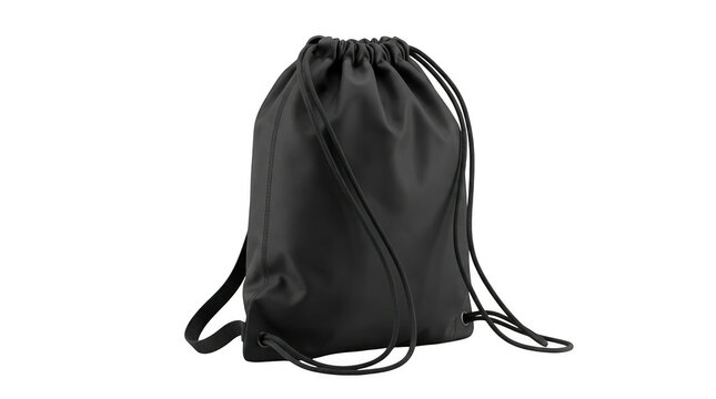 Black drawstring backpack bag with rope straps isolated on transparent background