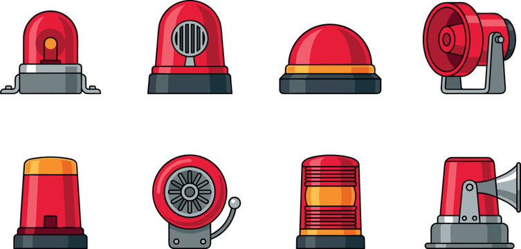 Red emergency siren and alarm icon vector set featuring warning lights flasher strobe and fire bell symbols for security graphic design elements, 21 words.