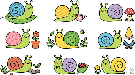 Set of adorable colorful garden snail emojis with happy faces crawling on leaves for spring nature theme sticker design layouts © Mdjony