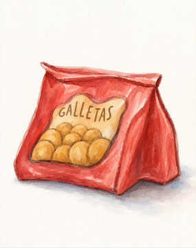 Paquete rojo de galletas ilustrado en acuarela
