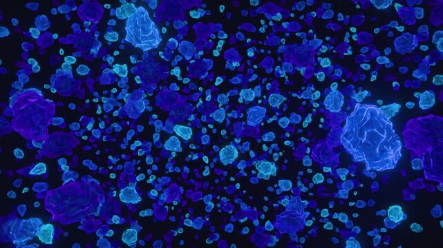 Abstract microscopic blue and purple glowing particles floating in deep space