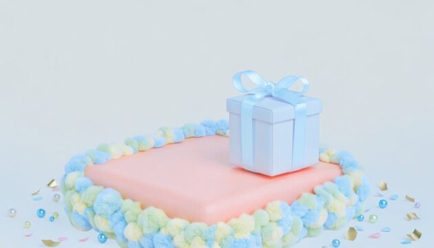 Light blue gift box with ribbon on pastel pink pedestal surrounded by soft pom-poms and confetti