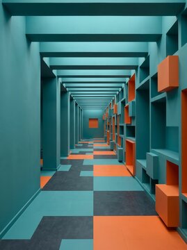 Bright geometric corridor featuring teal and orange tones with modern design features
