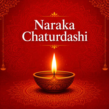 Naraka Chaturdashi Diya Greeting Design with Ornate Mandala and Glowing Oil Lamp