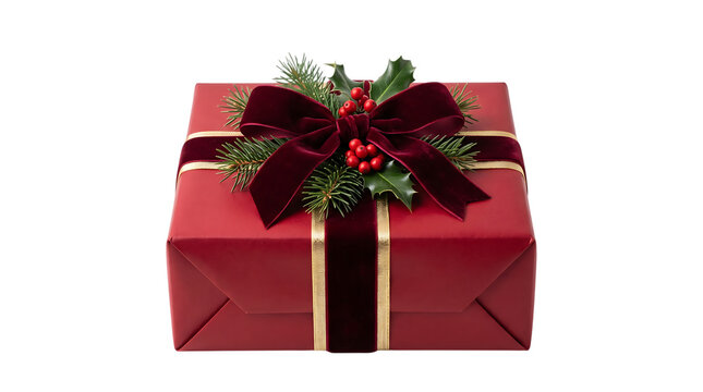 Elegant red christmas gift box with velvet bow and holly berries isolated as a high quality christmas png