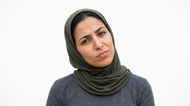 Woman wearing a hijab expresses confusion with a skeptical facial expression